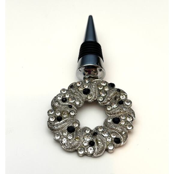 Silver Toned Black and Clear Rhinestone Wreath Wine Bottle Stopper Stocking Gift - Picture 4 of 6